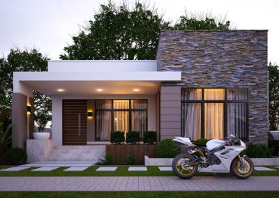 vivienda unifamilar blanca con moto